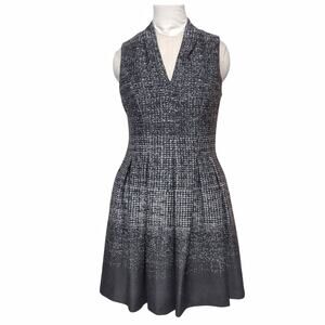 VINCE CAMUTO Black Gray Ombre Print Dress A-line Flare Box Pleats Work Cocktail